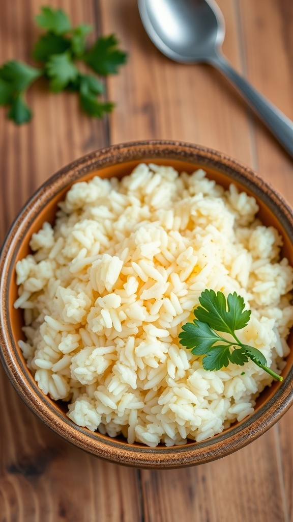 A bowl of savory rice base garnished with parsley on a wooden table.